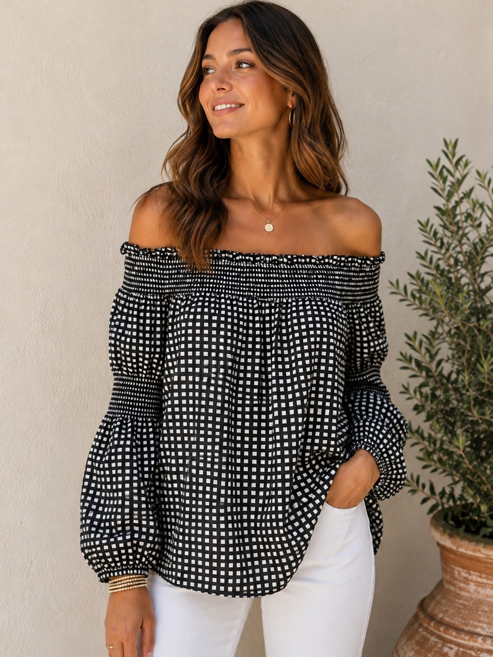 L’AGENCE Mona Silk Gingham Off Shoulder Blouse Black White Medium Boho Hippie
